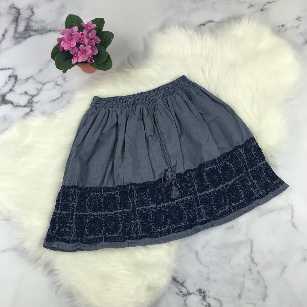 J. Crew embroidered chambray tassel mini skirt